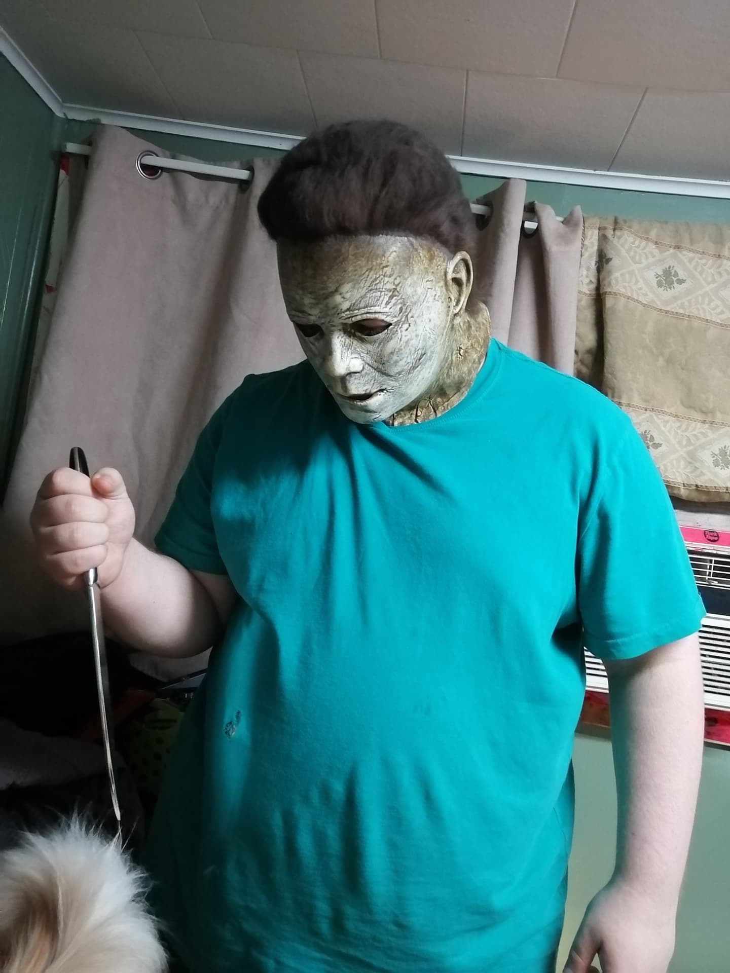 Michael Myers costume test with a prop knife