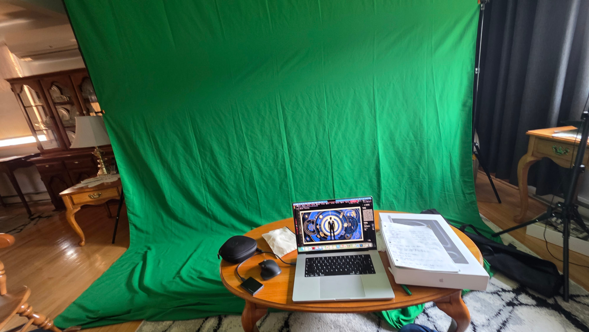Green screen and editing setup prepared for an effects shot